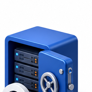 3D backup vault with server drives and a recovery arrow