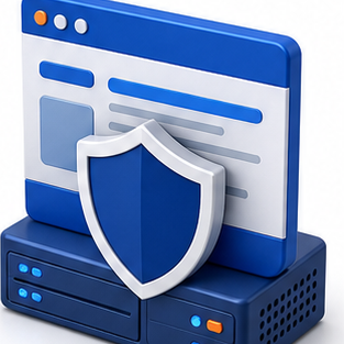 3D browser window with a security shield and server